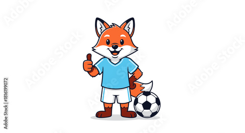 A cheerful cartoon fox soccer player giving a thumbs up gesture with a soccer ball