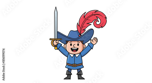 Cartoon character of a young musketeer holding a sword with cheerful expression illustration