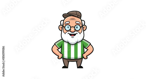 Cheerful cartoon grandfather with glasses and striped shirt posing with confidence