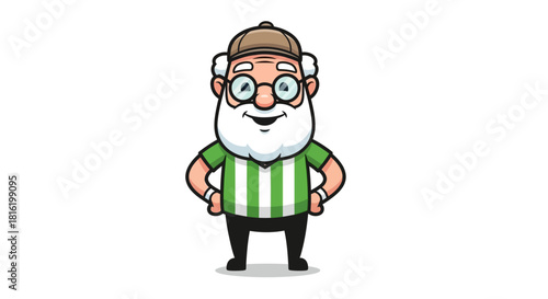 Cartoon illustration of an elderly gentleman with a cap, glasses, and green striped shirt smiling