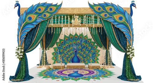 Peacock-themed indian wedding decoration featuring bright colors and traditional designs, ideal for ceremony backdrop, branding, or social media.