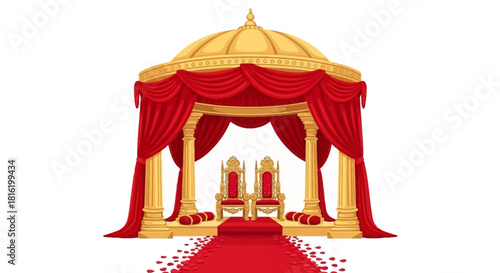 Golden and red Indian wedding mandap shines. Cultural backdrop for event design.