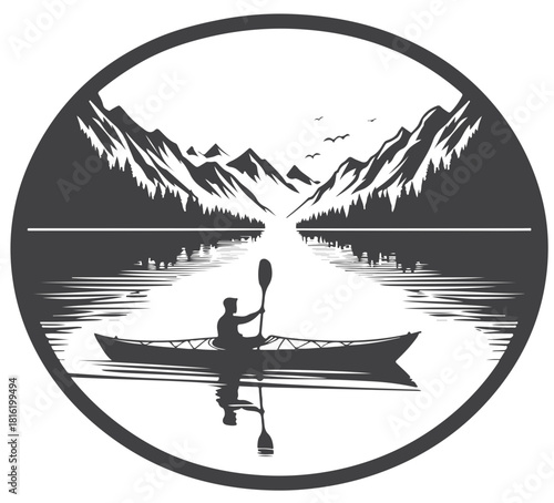 Serene silhouette of a kayaker in a circular lake scene with pine trees and rugged mountains, reflecting tranquility and adventure. Ideal for nature, outdoor, and adventure branding