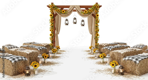 Farmhouse wedding setup features sunflowers, hay bales, lanterns, and burlap on white. Ideal for branding, social media, or product staging.