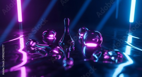Abstract arrangement of reflective, chrome-like objects with rounded forms, illuminated by vibrant pink and blue neon lights, creating a futuristic and surreal visual.