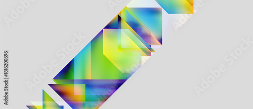 Abstract geometric shapes, vibrant colors blend. Gradient transitions create dynamic visual effect. Modern design, clean background.