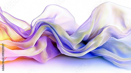 Wallpaper Mural A soft, flowing piece of sheer fabric with a gradient of colors from yellow and orange to purple and blue, set against a clean white background. Torontodigital.ca