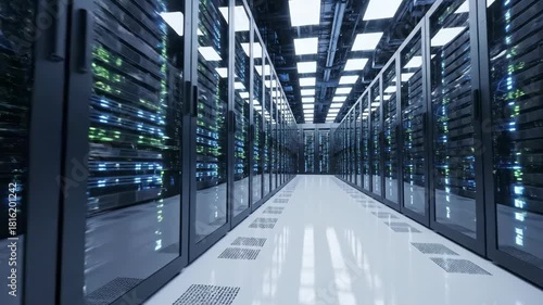 A long sterile corridor of illuminated server racks humming with latent technology in a modern data center