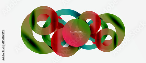 Abstract colorful circles overlap creating dynamic visual effect. Gradient shades blend smoothly, forming modern design element.