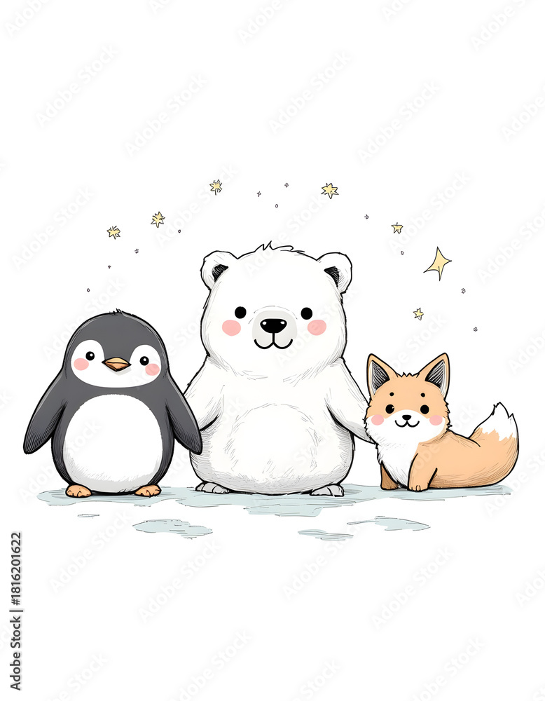 Obraz premium Cute cartoon penguin, polar bear, and fox friends holding hands together