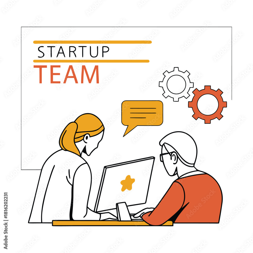 Obraz premium Startup team working on a new project isolated on two people are sitting at the table and looking at the computer screen with gears