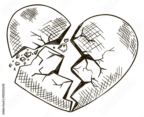 Broken heart sketch. Hand drawn sadness symbol. Heart broken on crack pieces, pain love, breakup relationship. A heart shattered into pieces