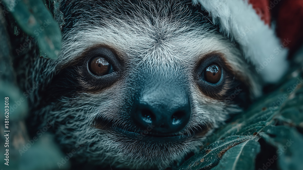 Naklejka premium Sloth in a festive hat enjoys a peaceful moment in the jungle