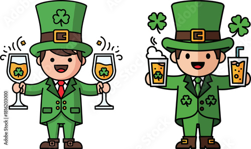 Two cheerful leprechauns celebrating with drinks and wearing green suits and hats on a transparent background with clovers and festive atmosphere.