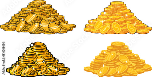 Four piles of shiny gold coins in a digital illustration isolated on a transparent background, showcasing different stack arrangements and reflections.