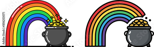 Colorful rainbow arching over a pot filled with shiny gold coins and surrounded by sparkles on a black background with contrasting colors
