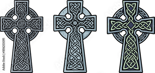 Three Celtic cross designs featuring intricate knot patterns on a transparent background for religious or decorative use