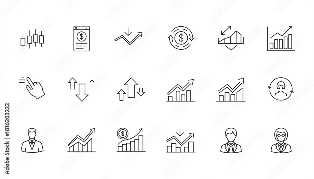 Fototapeta premium Increase & Decrease Icon Set – Stock Market, Profit & Growth Vector Illustration