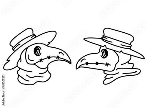Plague doctor head hand drawing sketch. A plague doctor in a mask with a long beak and hat. image stylized as engraving. Plague doctor icon set, line image