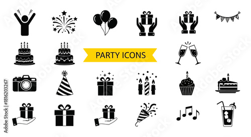 Vector icons celebrating various events and holidays with gift boxes, music, and food, perfect for invitations and decorations