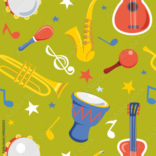 Musical instruments vector seamless pattern. Pattern with guitar, saxophone, drum, trumpet and maracas