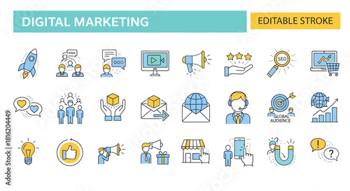 Vector icons celebrating various events and holidays with gift boxes, music, and food, perfect for invitations and decorations