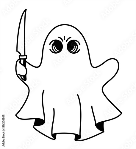 Cute ghost holding a shar knife emote with frowning expression. Menacing cartoon ghost with an angry expression. A funny, spooky illustration for Halloween