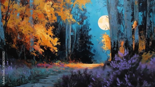 Luminous moonlight in autumn forest painting with golden foliage