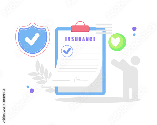 A clean illustration of an insurance document with checkmarks, a shield icon, and a figure symbolizing protection, security, and approval.