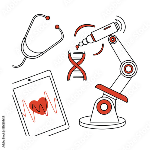 Illustration depicting the future of medicine with robotic surgery, digital health monitoring, and genetic research, isolated on