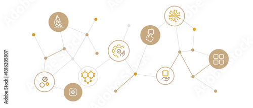 Nano chip technology icons show microchips microscope gears and molecular structures connected by a data network nanotechnology research