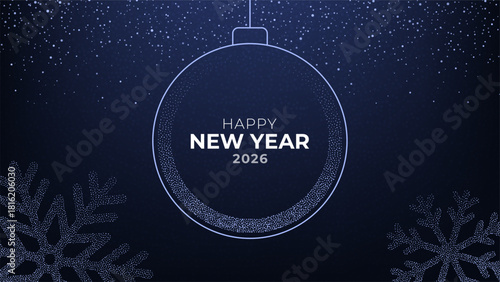 Happy New Year 2026 text inside a decorative Christmas ball ornament. Festive winter holiday greeting for celebration, web banner.
