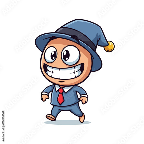 Cartoon character with a big smile, wearing a suit and a hat, walking forward.