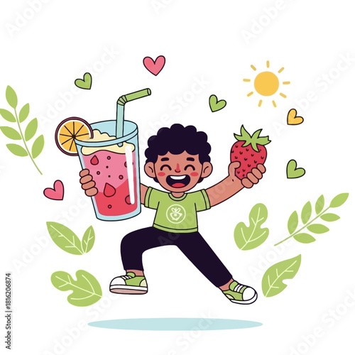Boy holding strawberry and smoothie in a cartoon illustration.