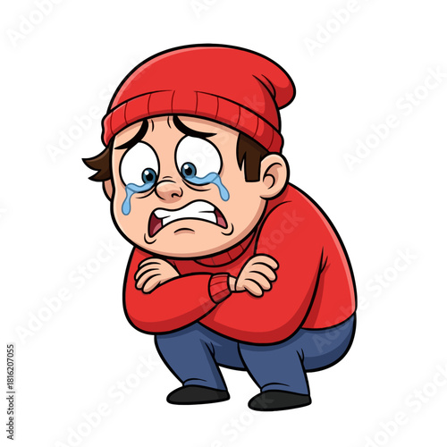 Cartoon illustration of a sad boy wearing a red hat and sweater, crying with tears.