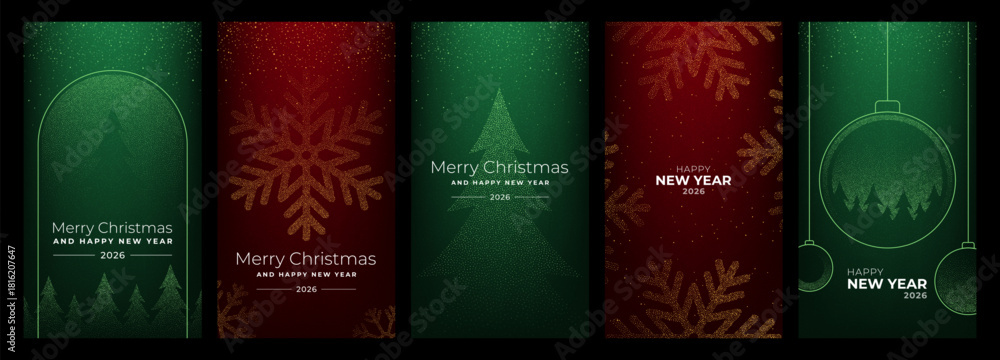 Obraz premium Collection of vertical christmas vector designs for greeting card. Happy New Year and Merry Christmas celebration. Festive holiday invitation.