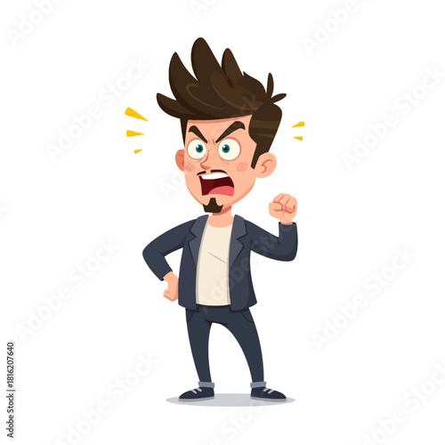Cartoon illustration of an angry man with dark hair, clenched fist, and open mouth.
