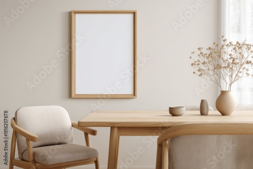 Wooden frame poster mockup in modern kitchen. Minimal and stylish display for kitchen wall art and interior decor concepts.