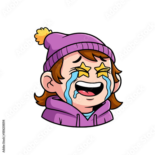 A cartoon character wearing a purple beanie crying tears of joy with stars in their eyes.