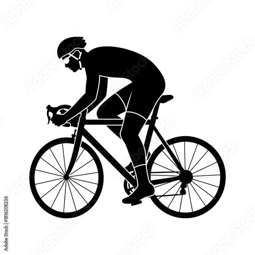 Sleek monochrome cyclist silhouette speeding down a winding path on a bicycle design