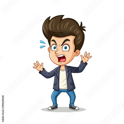 Cartoon illustration of an angry boy with spiky hair yelling and gesturing with his hands.