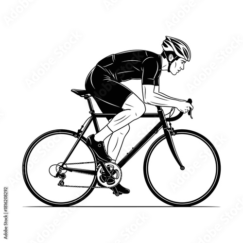 Monochrome illustration of a cyclist focused on endurance and performance cycling competition
