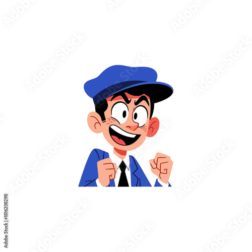 A cheerful cartoon boy in a blue cap and suit with a mischievous smile and clenched fists, vector illustration.
