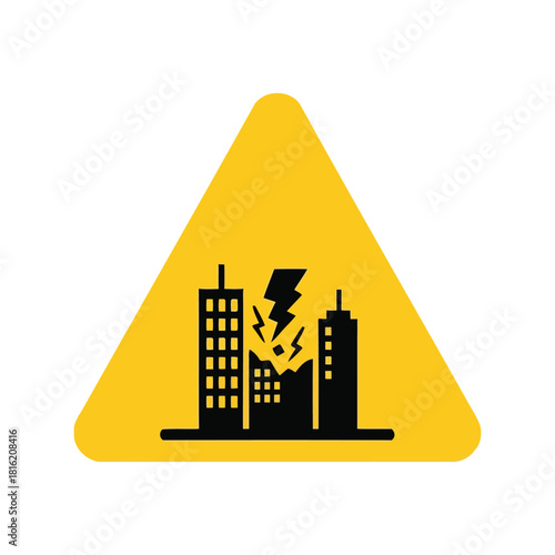 Earthquake warning sign icon: building damage hazard, natural disaster, urban safety alert Vector, illustration
