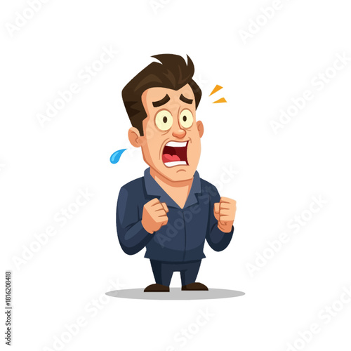 Cartoon man with a terrified and shocked expression, sweating and clenching his fists in fear.