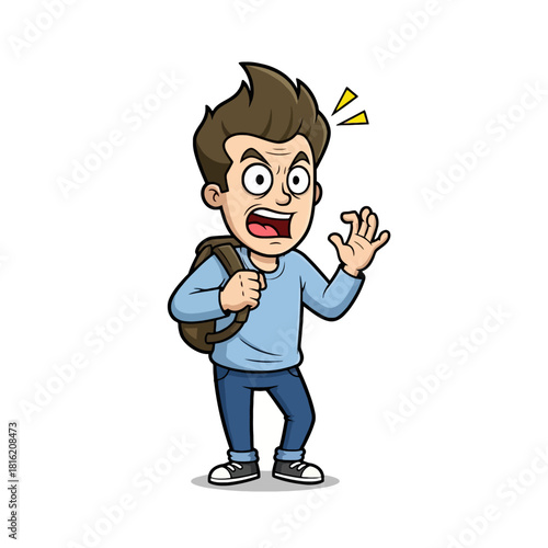 Cartoon illustration of a young boy with a backpack looking shocked and scared, with his mouth open and hands raised.