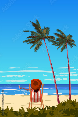 Woman in chaise lounge with cocktail glass on the beach, coast tropical resort, palms, ocean, sailboat