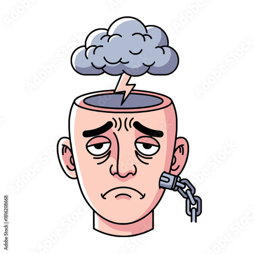 A metaphorical illustration of mental turmoil, showing a sad person with a storm cloud and lightning inside their open head.