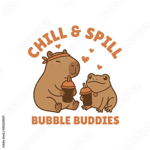 Cute capybara and frog drinking bubble tea cartoon characters Funny animal friends vector illustration for boba tea lovers t shirt print
