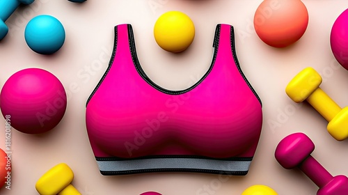 A vibrant pink sports bra is centrally placed on a light, neutral background. Surrounding the bra are various colorful exercise balls (pink, blue, yellow, orang
